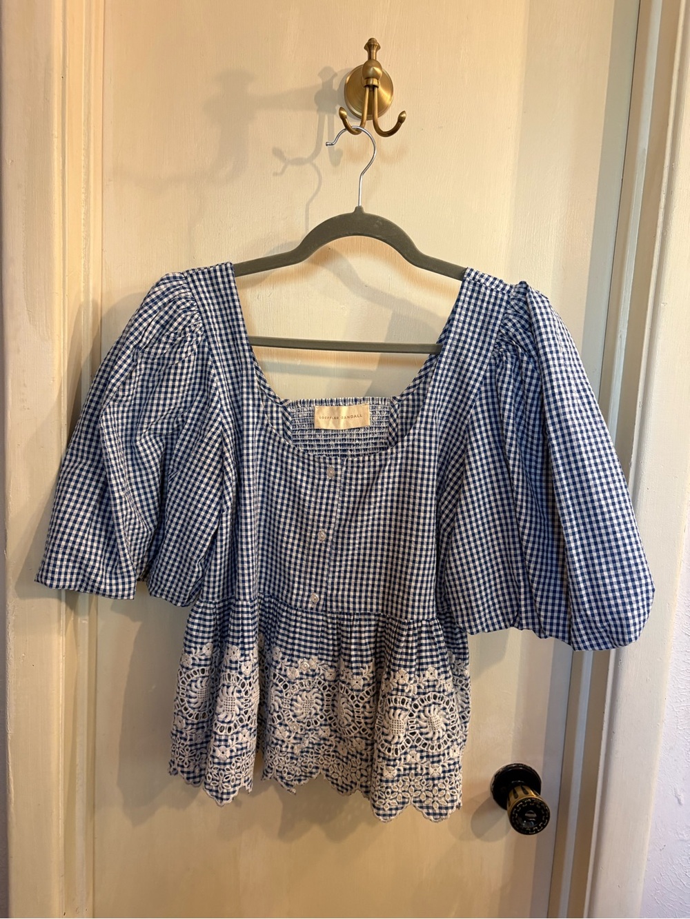 Loeffler Randall Blue Gingham Peplum Blouse with Lace Trim